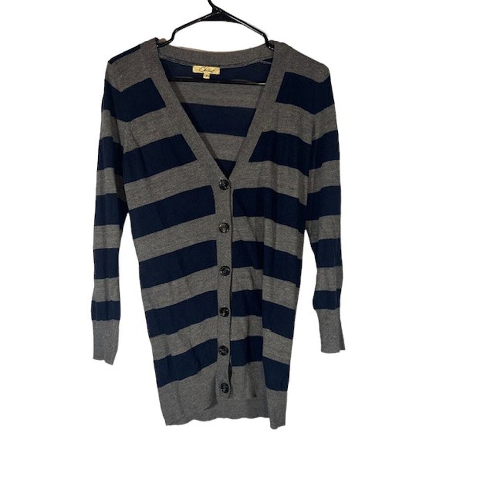Cecico Gray & Navy Blue Striped Long Sleeve Button Front Knit Sweater Women Sz S